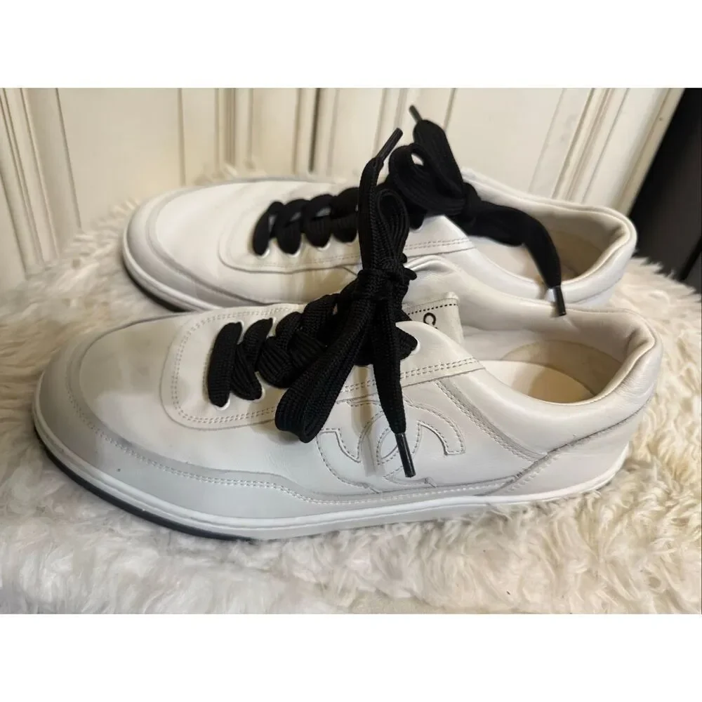 Chanel Women's Lace-Up Calfskin Low Top Sneaker Flats Shoes White 40 verified